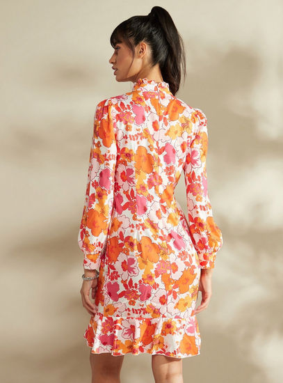 All Over Floral Print Shift Dress with Ruffle Detail and High Neck