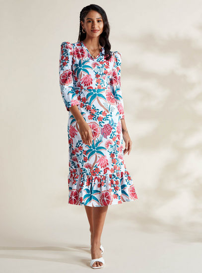 Floral Print V-neck Midi Dress with 3/4 Sleeves and Flounce Hem