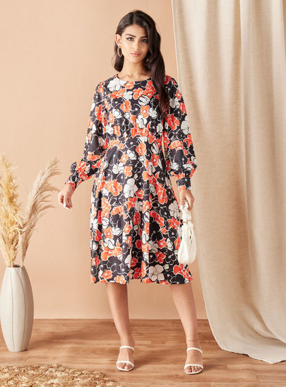 All Over Floral Print Dress with Long Sleeves and Round Neck