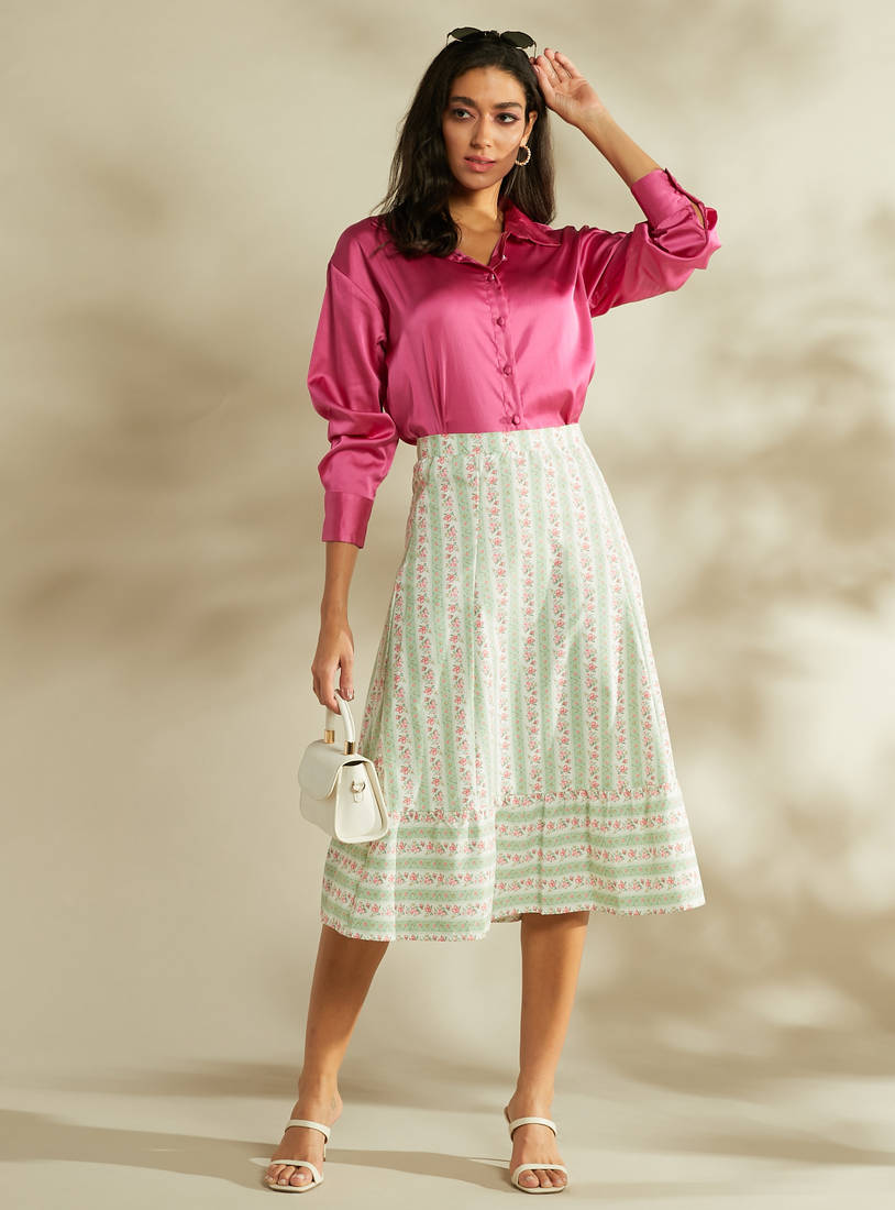 All-Over Floral Print A-line Skirt-Midi-image-1