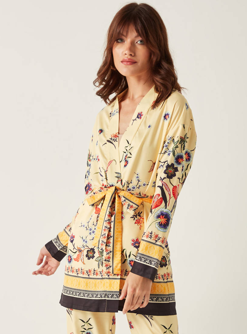 All Over Print Longline Cover Up with Belt and Long Sleeves-Kimonos & Shrugs-image-1
