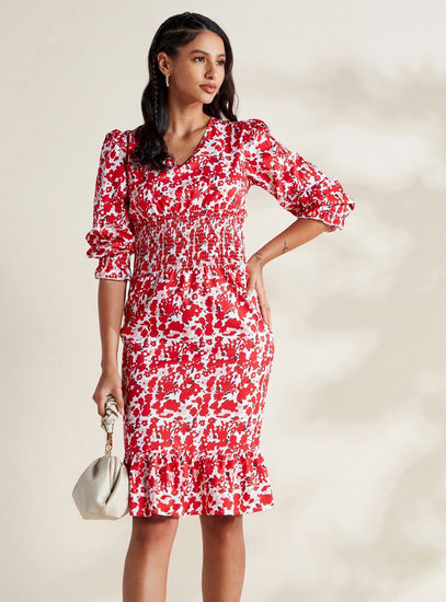 Floral Print V-neck Dress with Long Sleeves and Flounce Hem