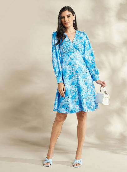 Floral Print V-neck Dress with Long Sleeves