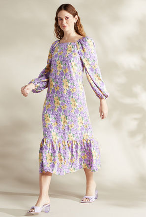 Floral Print Square Neck Midi Dress with Long Sleeves and Flared Hem