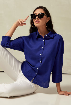 Solid Shirt with 3/4 Sleeves and Button Closure