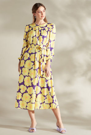 Floral Print Round Neck Dress with Long Sleeves and Tie-Up Detail