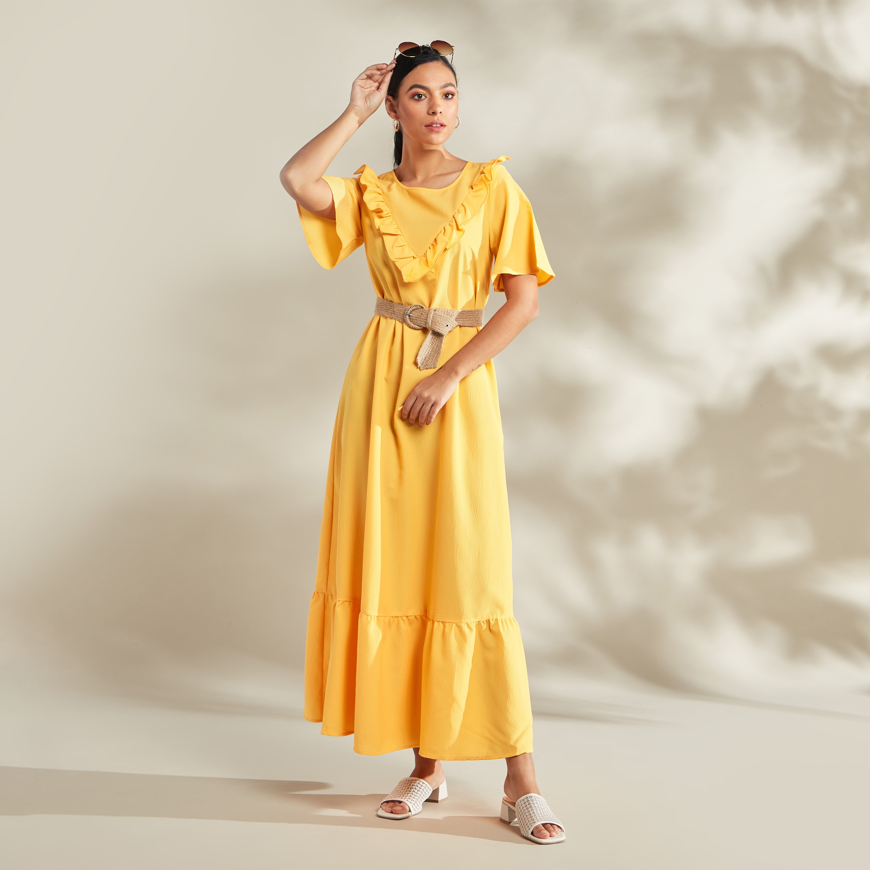 Shop Plain Maxi Dress with Short Sleeves and Ruffle Detail Online Max Bahrain