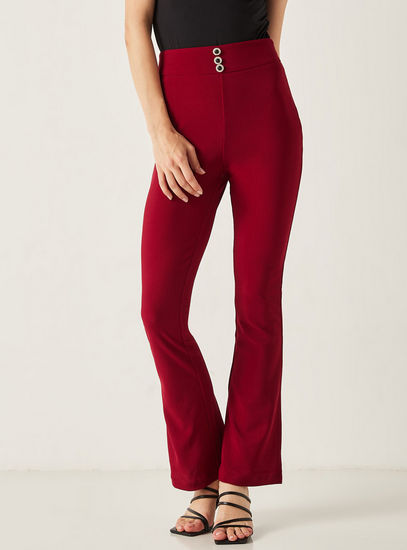 Solid Full Length High-Waist Pants with Button Detail