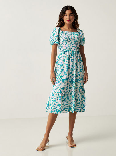 Floral Print A-line Dress with Short Sleeves and Shirred Detail
