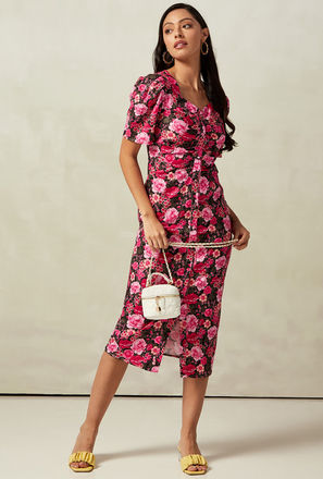 Floral Print Midi Dress with Sweetheart Neck and Puff Sleeves