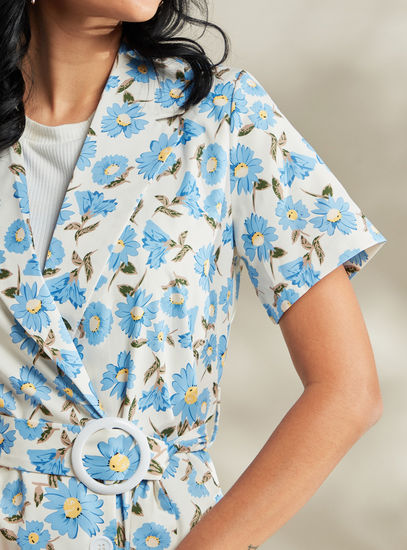 Floral Print Short Sleeves Jacket with Notch Lapel and Belt
