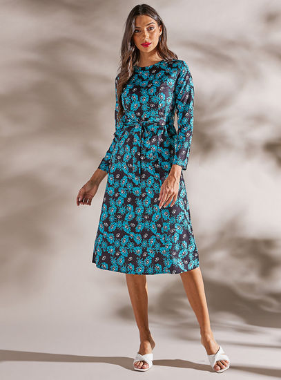 All-Over Floral Print Midi Dress with Long Sleeves and Tie-Up