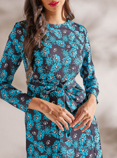 All-Over Floral Print Midi Dress with Long Sleeves and Tie-Up-Midi-image-1