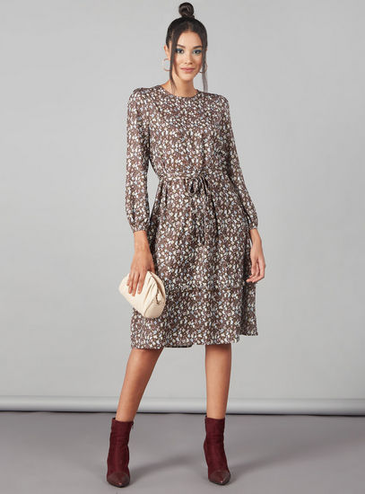 All-Over Floral Print Midi A-line Dress with Long Sleeves and Tie-Up