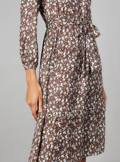 All-Over Floral Print Midi A-line Dress with Long Sleeves and Tie-Up
