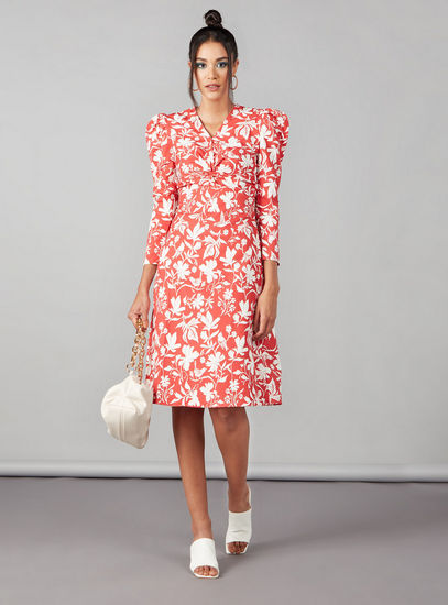 All-Over Floral Print Midi Dress with Puff Sleeves and Knot Detail