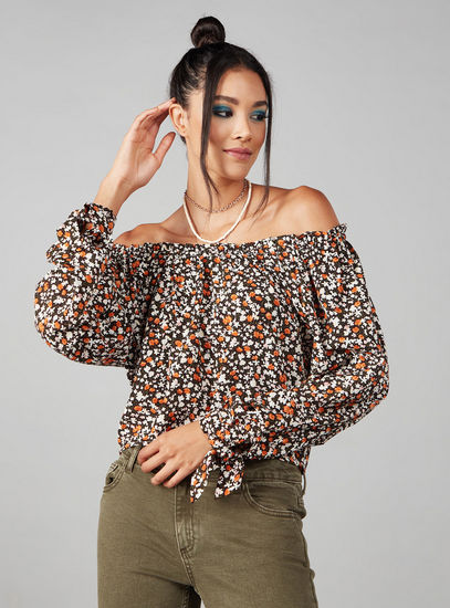 All-Over Floral Print Off-Shoulder Top with Long Sleeves-Blouses-image-0