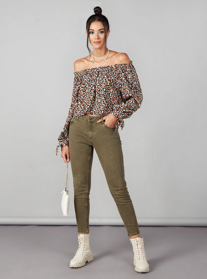 All-Over Floral Print Off-Shoulder Top with Long Sleeves-Blouses-image-1