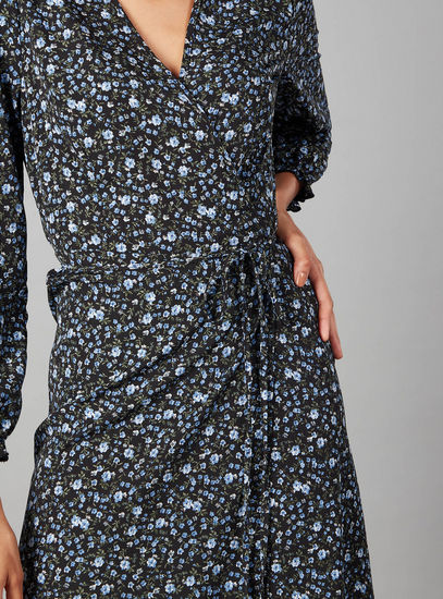 All-Over Floral Print Dress with Long Sleeves and V-Neck