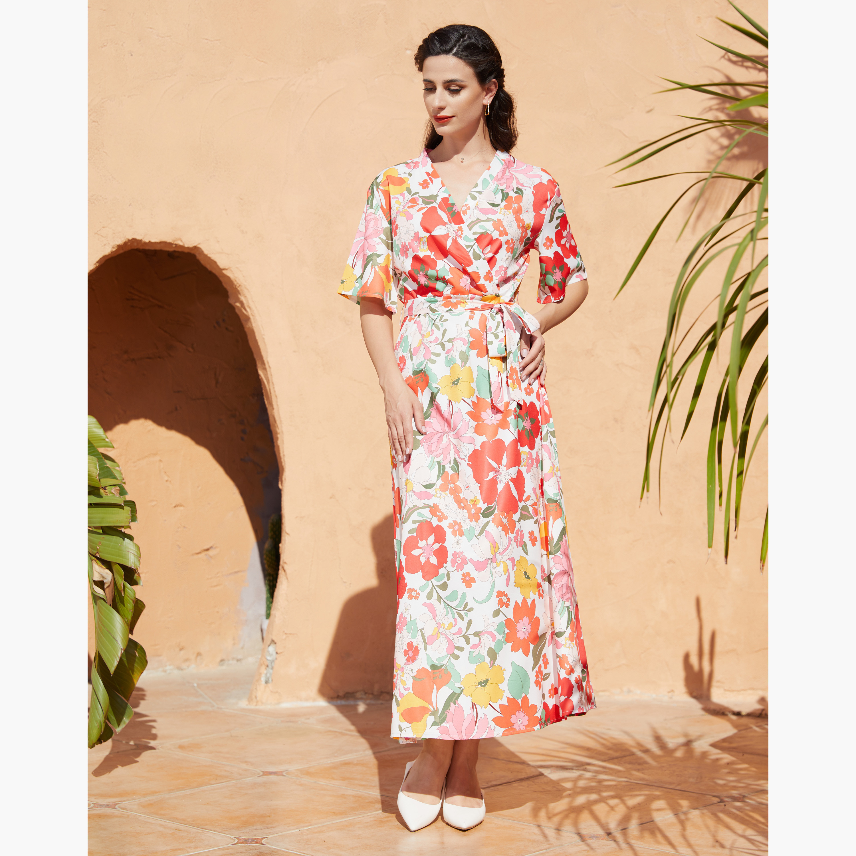 Floral print short sleeve tie waist maxi outlet dress