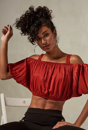 Solid Crop Top with Cold Shoulder Sleeves and Elastic Detail
