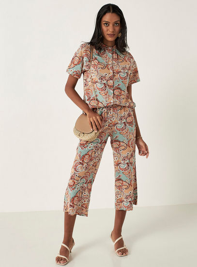 All Over Printed Cropped Pants with Elasticated Waistband and Pocket