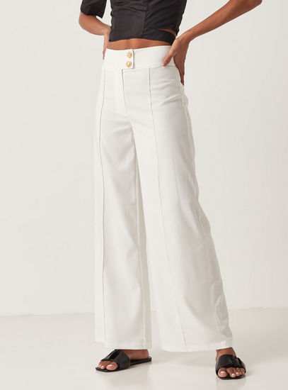 Solid High-Rise Flared Pants with Button Closure