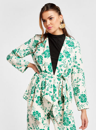 Floral Print Jacket with Long Sleeves and Tie-Up Detail