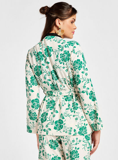 Floral Print Jacket with Long Sleeves and Tie-Up Detail