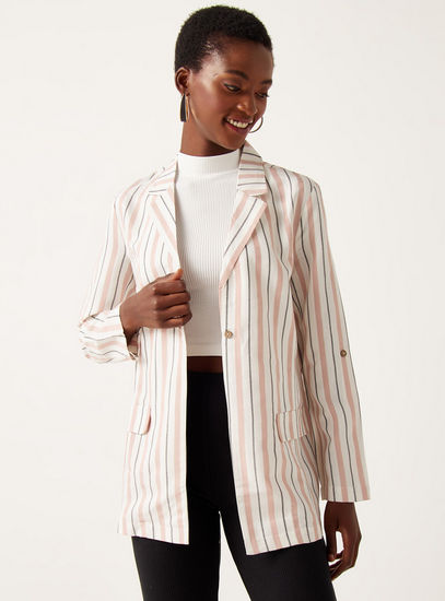 Striped Blazer with Notched Lapel Collar and Flap Pockets