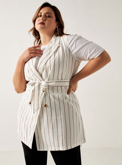Striped Longline Sleeveless Blazer with Notch Lapel and Tie-Up Belt