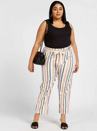 Striped Mid-Rise Trousers with Pockets and Tie-Up