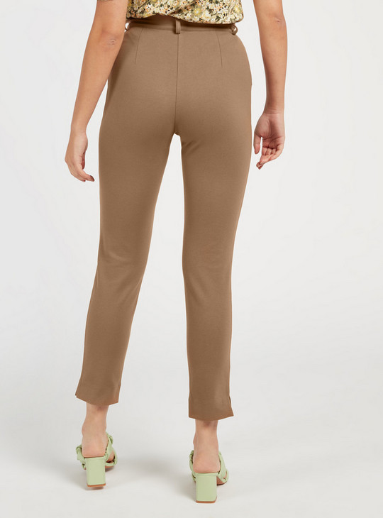 Solid Mid-Rise Pants with Button Closure and Pockets