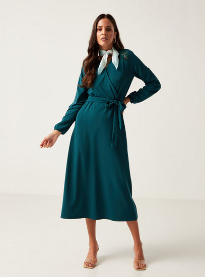Solid Midi Wrap Dress with Tie-Up Belt and Lace Detail