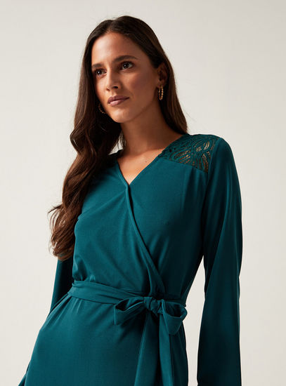 Solid Midi Wrap Dress with Tie-Up Belt and Lace Detail
