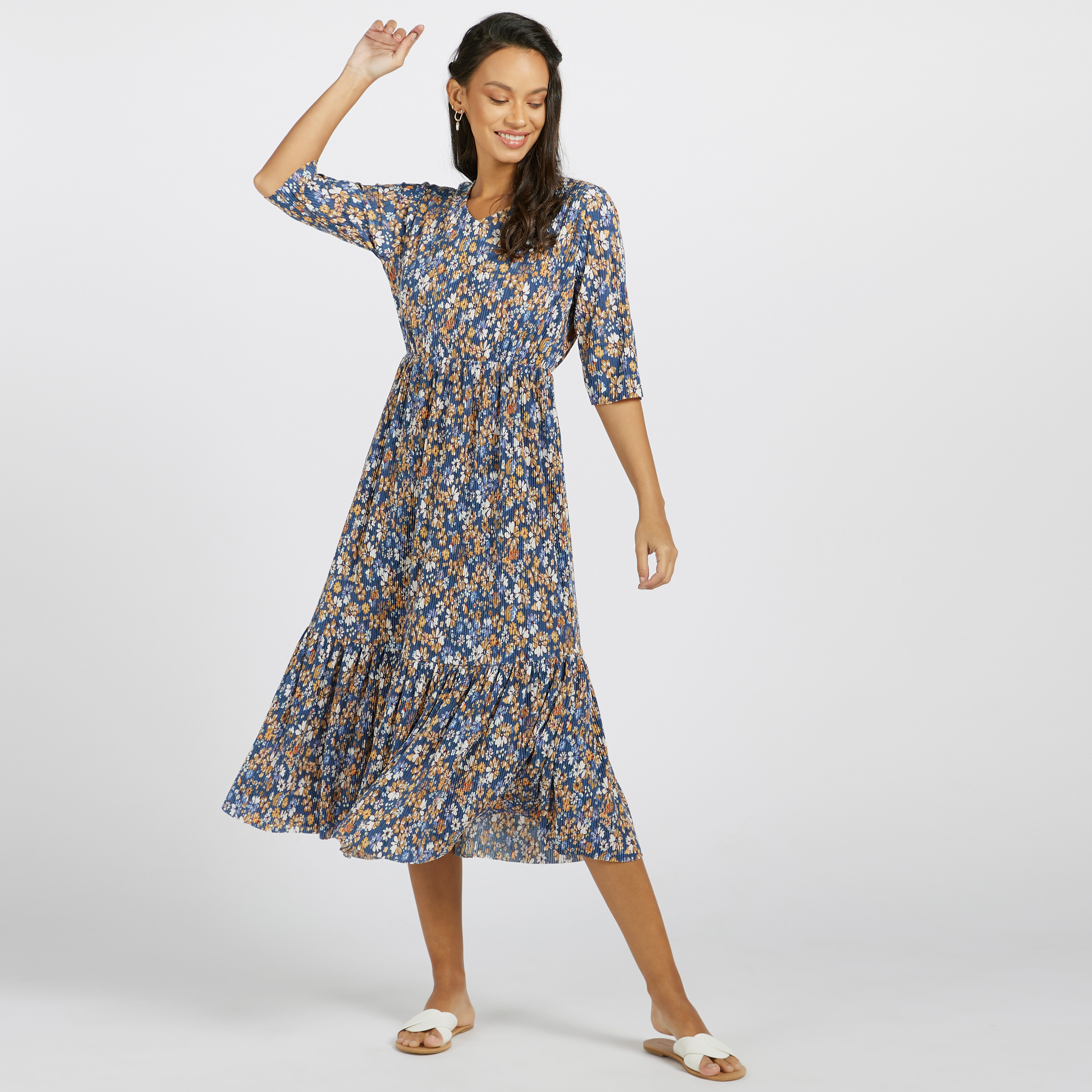 Floral Print Tiered Midi Dress 