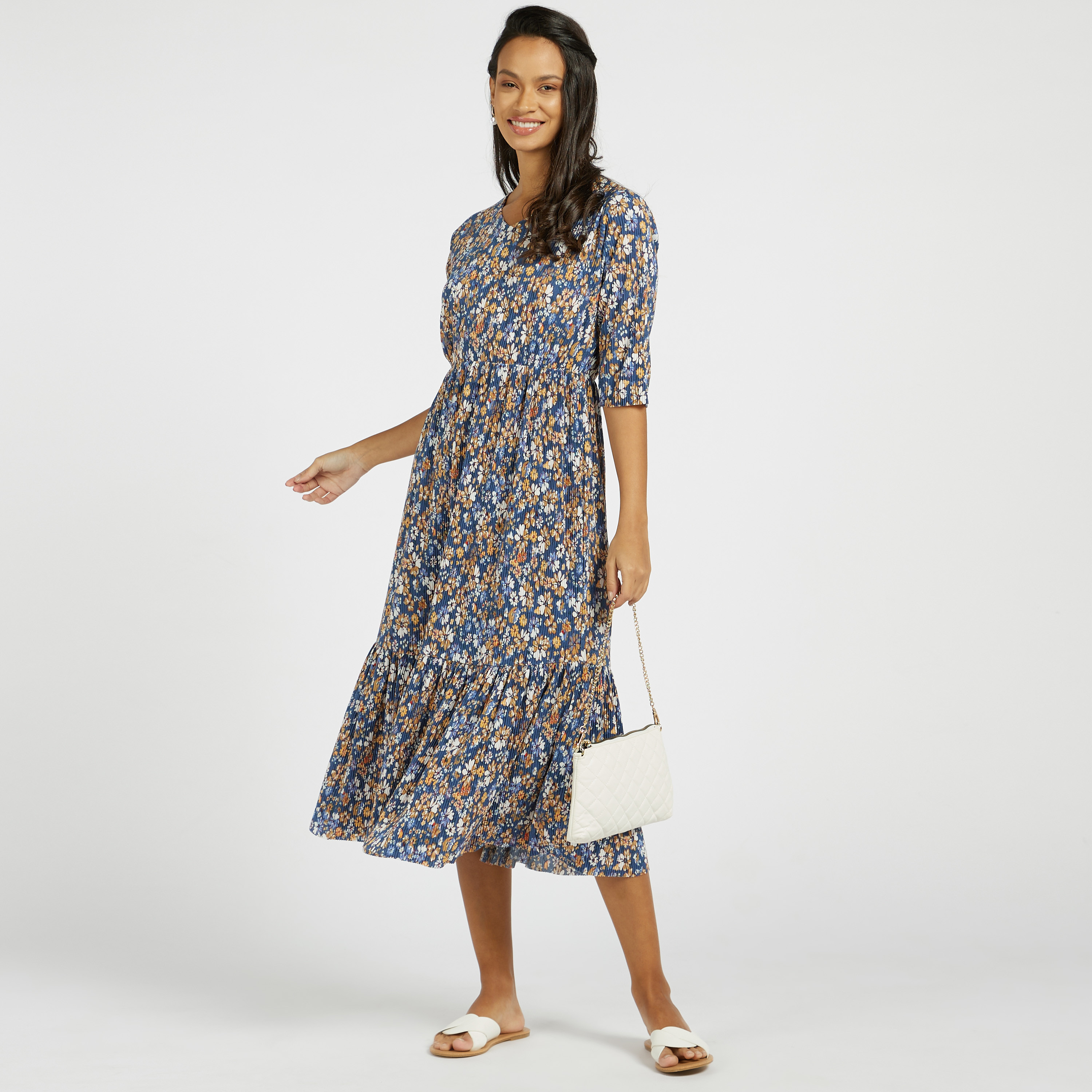 Floral Print Tiered Midi Dress 