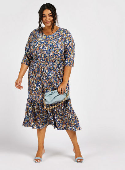 All-Over Floral Print Tiered Midi Dress with Elbow Sleeves