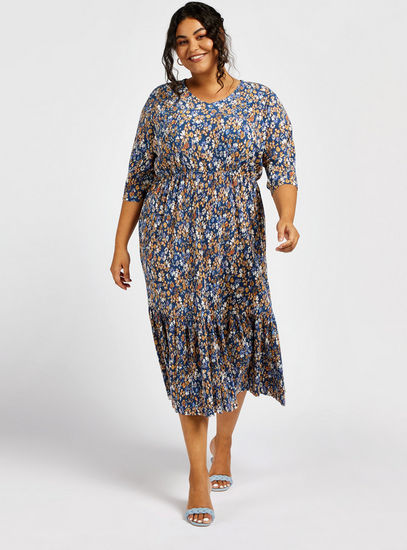 All-Over Floral Print Tiered Midi Dress with Elbow Sleeves