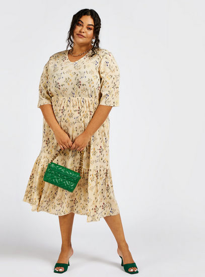 All-Over Floral Print Tiered Midi Dress with Elbow Sleeves-Midi-image-1