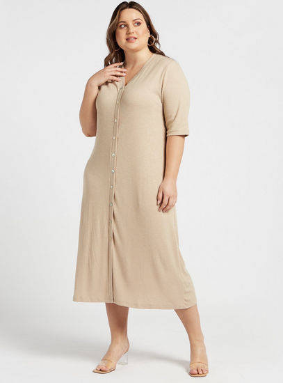 Ribbed Button Down Midi Dress with V-neck and Short Sleeves