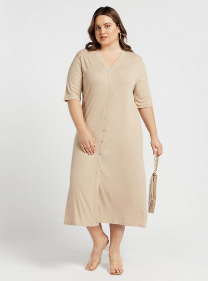 Ribbed Button Down Midi Dress with V-neck and Short Sleeves