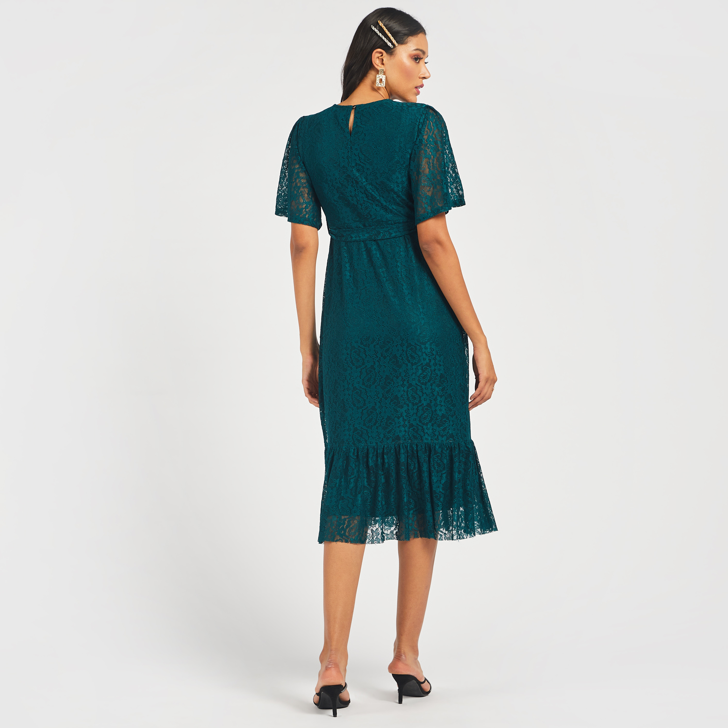 Shop Lace Midi A line Dress with Short Sleeves and Waist Tie Up Online Max Bahrain