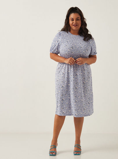 Floral Print Midi Dress with Round Neck and Smocked Detail