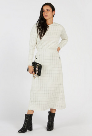 Checked Midi A-line Skirt with Elasticated Waistband and Pockets