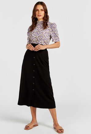 Solid A-line Midi Skirt with Elasticated Waistband and Pocket