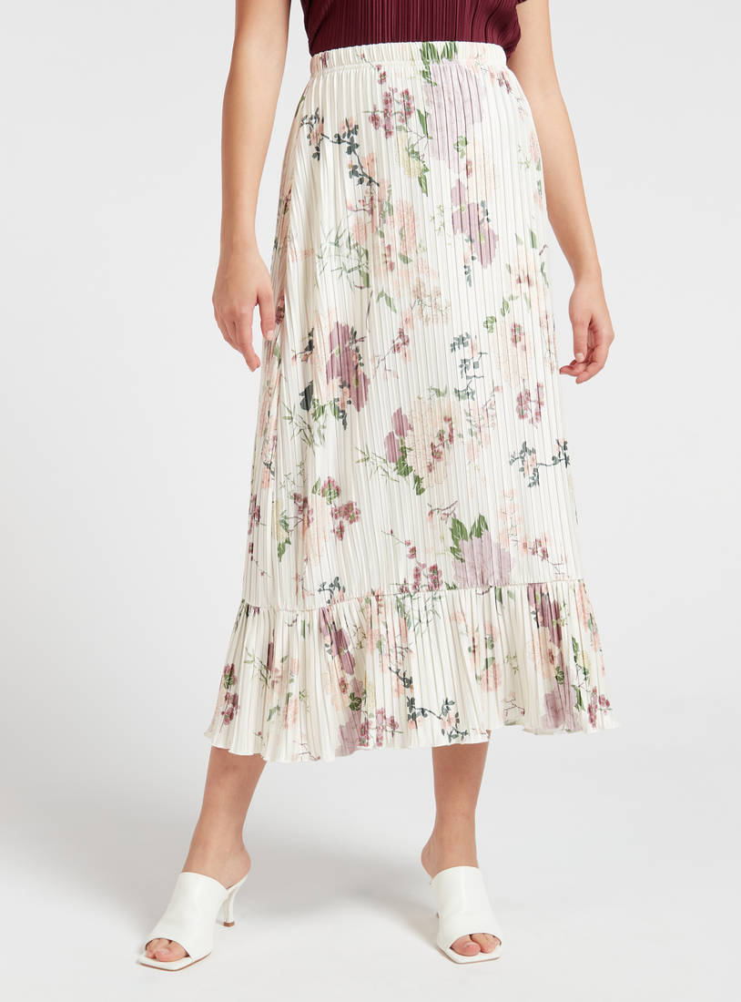 Printed Midi Pleated Skirt with Elasticated Waistband-Midi-image-0
