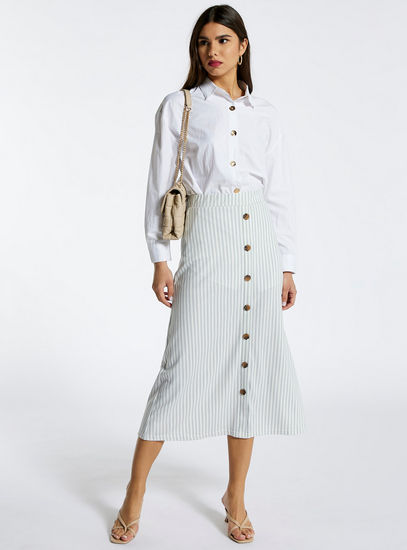 Striped Midi Skirt with Button Accent and Elasticated Waist