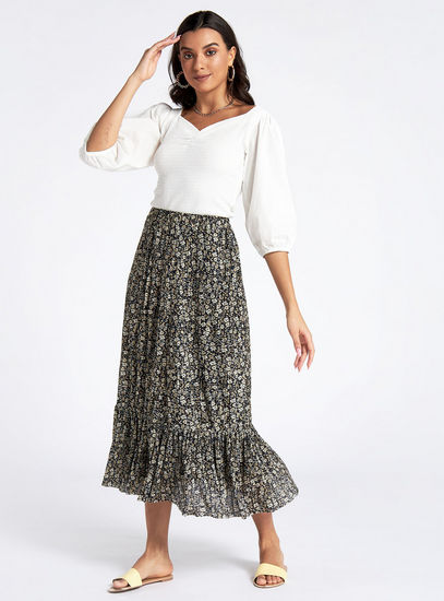 Floral Print Mid-Rise Skirt with Elasticated Waistband and Flounce Hem