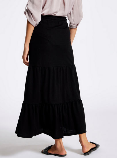 Solid Mid-Rise Tiered Skirt with Drawstring Closure
